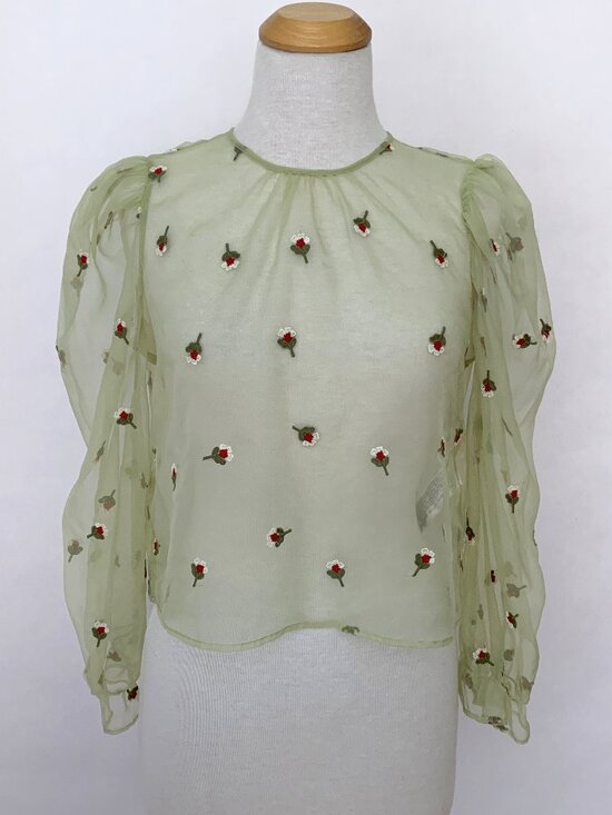 Zara Tops - ZARA Floral Embroidered Green Organza Blouse | Size Large